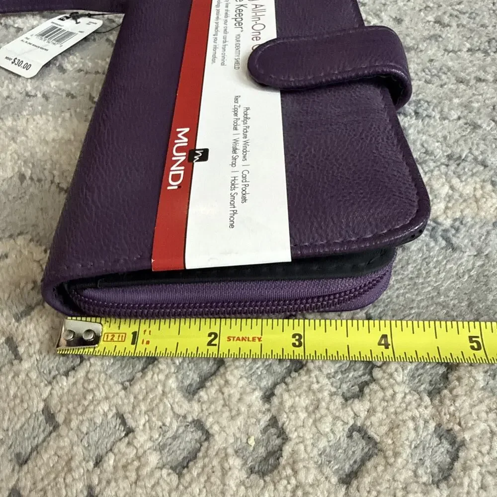 Mundi All In One Purple Clutch Safe Keeper Zipper Photos Card Slots Wrist Strap